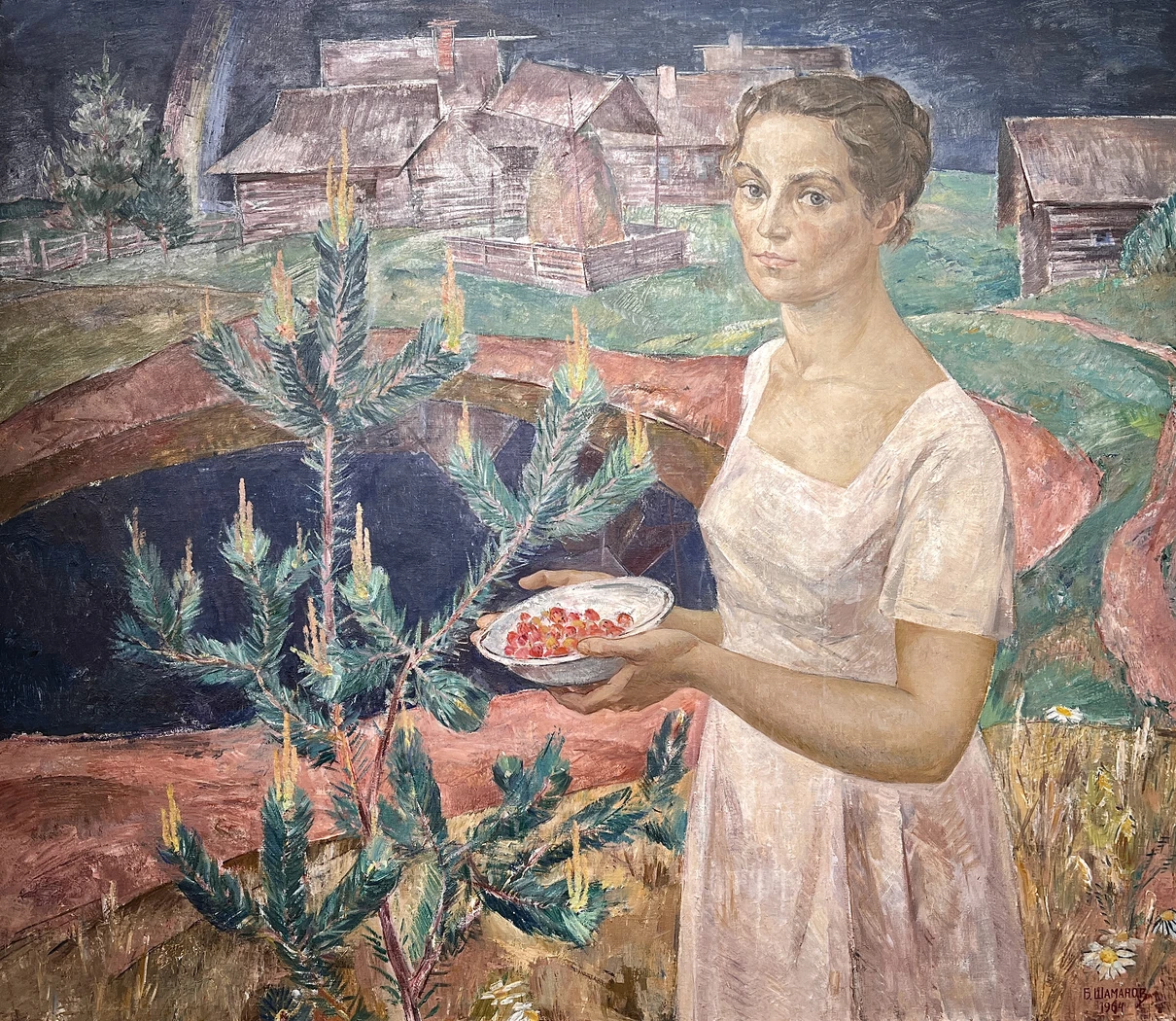 «Жена с тарелкой земляники», Шаманов Б.И., картина, живопись