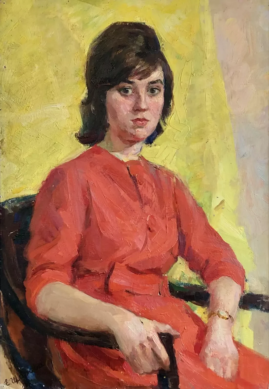 «Портрет девушки в красном платье», Шарова Елена Алексеевна, художник, купить картину, купить, работу, живопись, аукцион, галерея ОПХ, портрет, соцреализм, бидспирит, Bidspirit