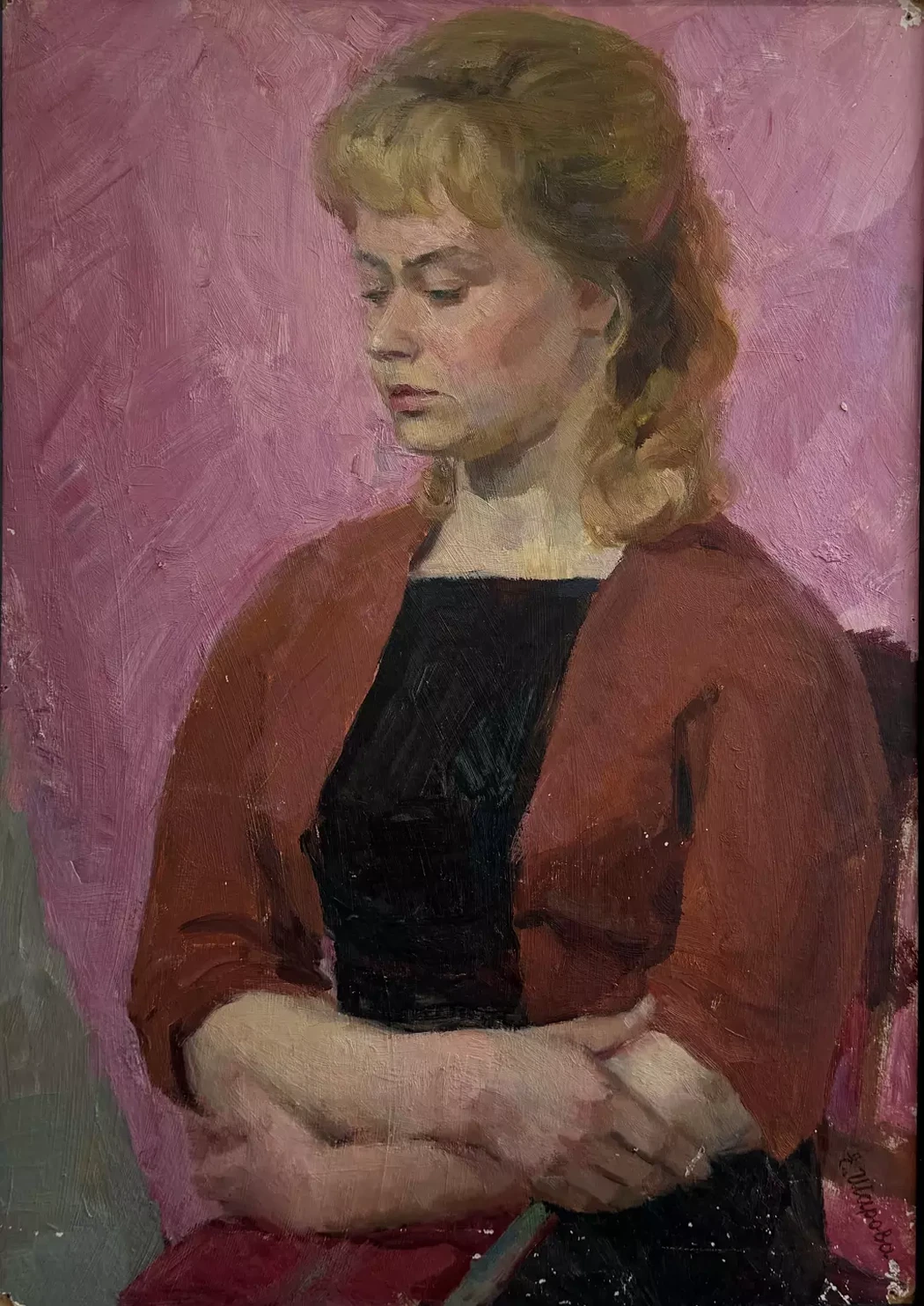 «Портрет девушки на розовом фоне», Шарова Елена Алексеевна, художник, купить картину, купить, работу, живопись, аукцион, галерея ОПХ, портрет, соцреализм, бидспирит, Bidspirit