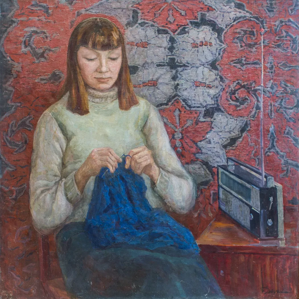 «Девушка за вязаньем», Долинина Антонина Александровна, художник, купить картину, купить, работу, живопись, аукцион, галерея ОПХ, портрет, соцреализм, бидспирит, Bidspirit