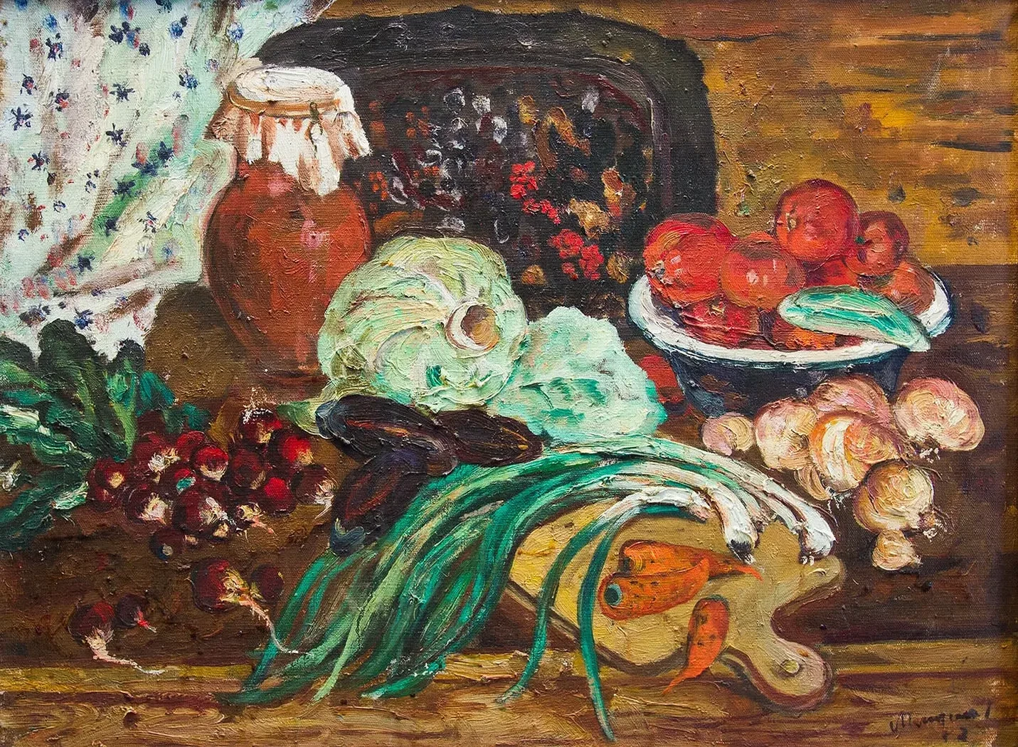 «Натюрморт с овощами», Мищенко Галина Фёдоровна, художник, купить картину, купить, работы, аукцион, живопись, галерея ОПХ, Bidspirit, бидспирит, магазин, выставка