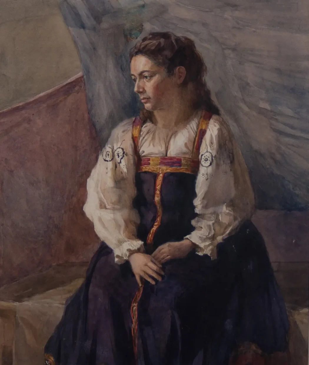 «Портрет женщины в сарафане», Пономарев А.Г., художник, купить картину, купить, работу, графика, аукцион, галерея ОПХ, соцреализм, бидспирит, Bidspirit