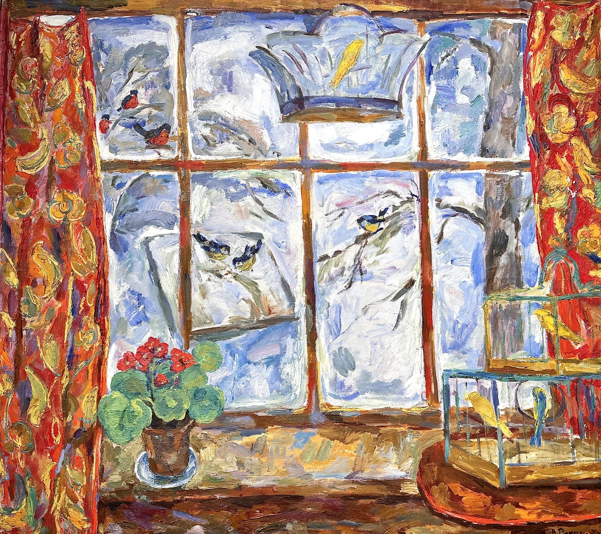 «Зимнее окно.Птички»,Рахина В.И., картина, живопись