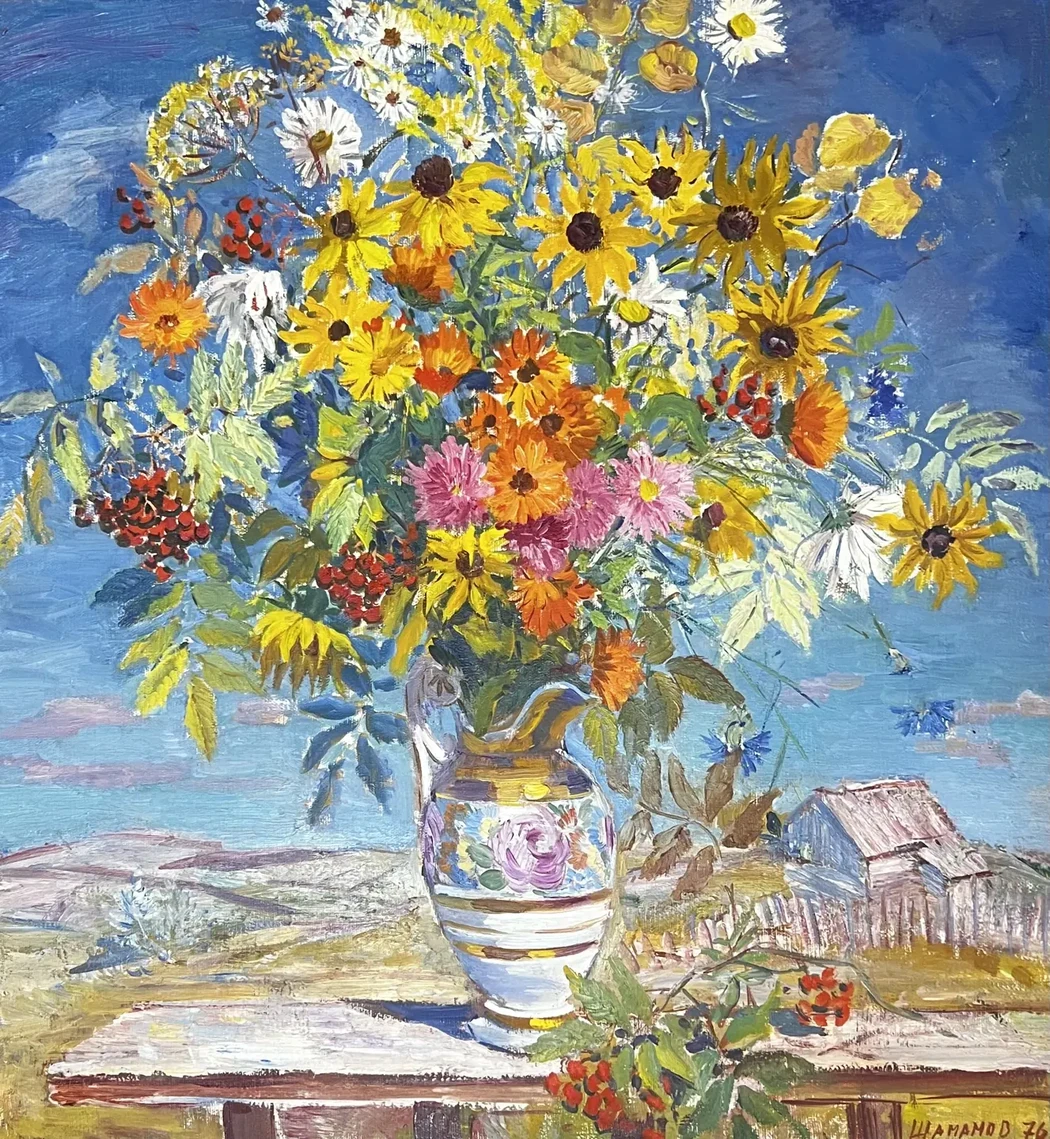 «Букет в стариной вазе», Шаманов Б.И., художник, купить картину, купить, работы, аукцион, живопись, галерея ОПХ, Bidspirit, бидспирит, магазин