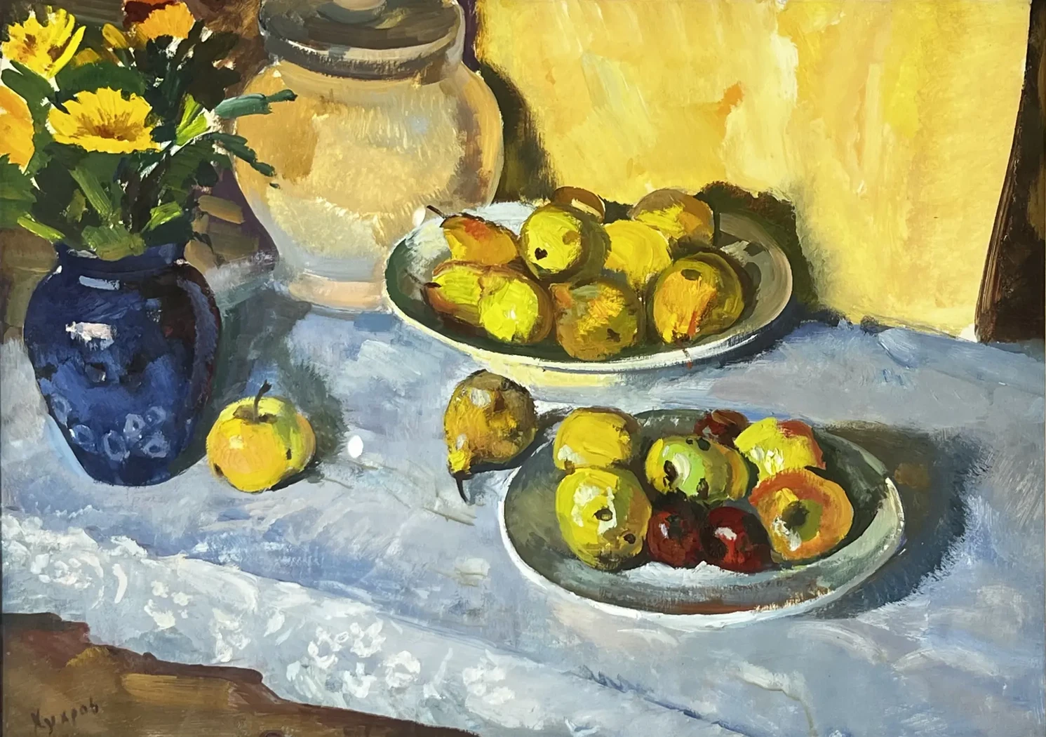 «Натюрморт с синей вазой», Хухров Ю.Д., художник, купить картину, купить, работы, аукцион, живопись, галерея ОПХ, Bidspirit, бидспирит, магазин