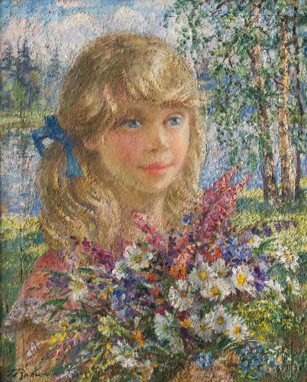 «Девочка с цветами», Румянцева Галина Алексеевна художник, купить картину, купить, работу, живопись, аукцион, галерея ОПХ, портрет, соцреализм, бидспирит, Bidspirit