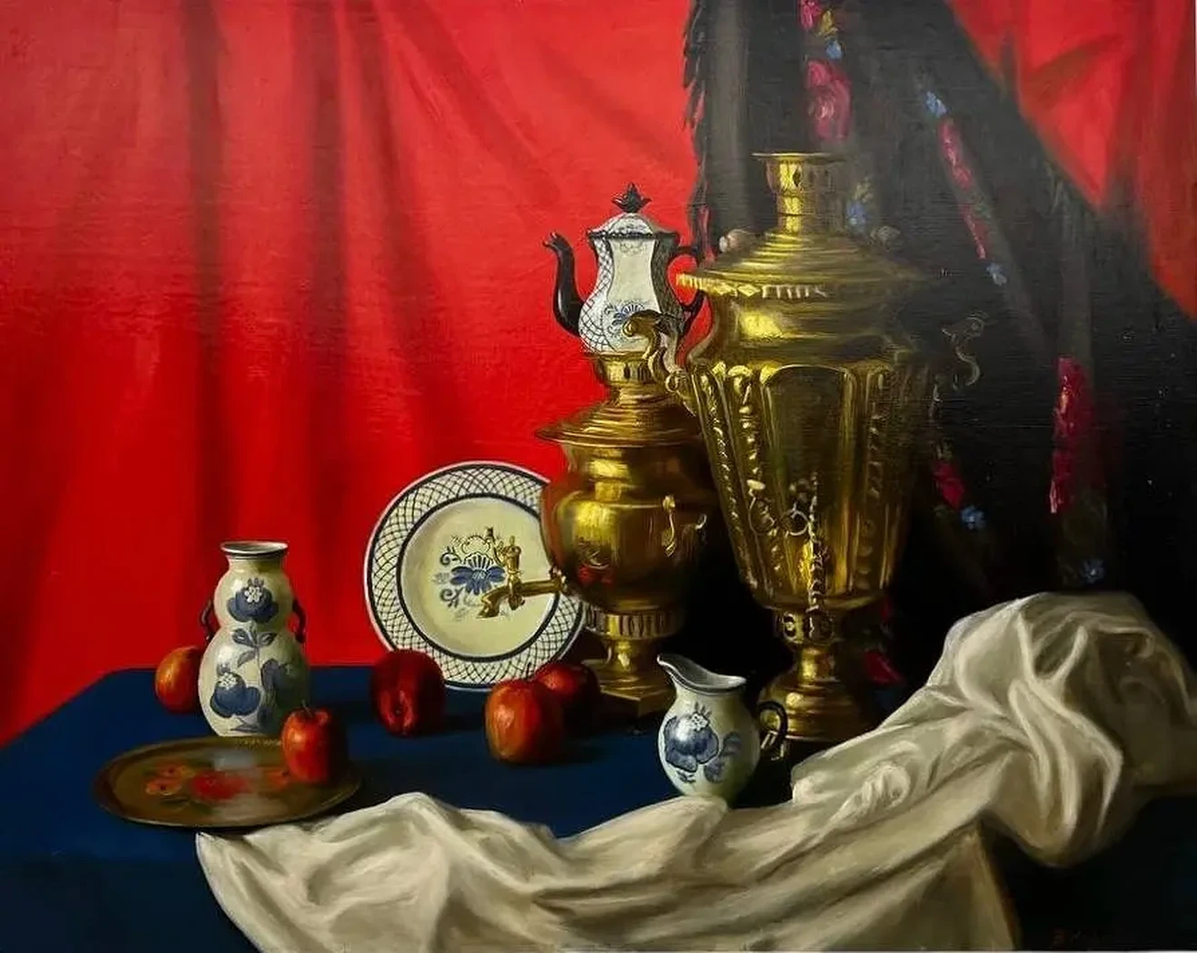«Два самовара на красном фоне», Коробов Виктор Анатольевич, художник, купить картину, купить, работы, аукцион, живопись, галерея ОПХ, Bidspirit, бидспирит, магазин, выставка
