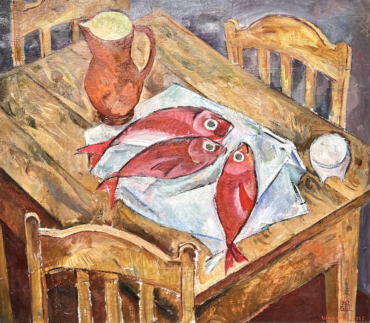 «Натюрморт с красными рыбами», Шаманов Б.И., картина, живопись