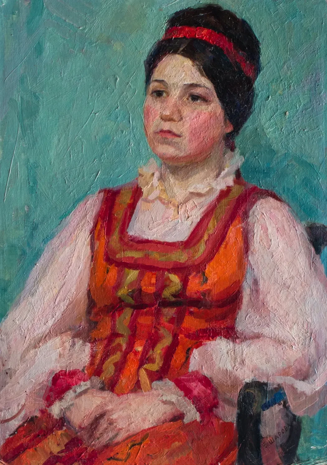 «Портрет девушки в русском костюме», Шарова Елена Алексеевна, художник, купить картину, купить, работу, живопись, аукцион, галерея ОПХ, портрет, соцреализм, бидспирит, Bidspirit
