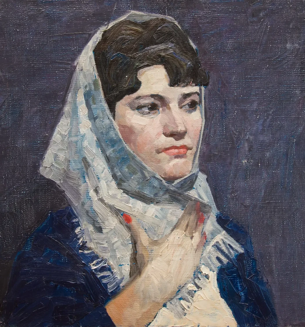 «Портрет женщины в платке», Русов Лев Александрович, художник, купить картину, купить, работу, живопись, аукцион, галерея ОПХ, портрет, соцреализм, бидспирит, Bidspirit