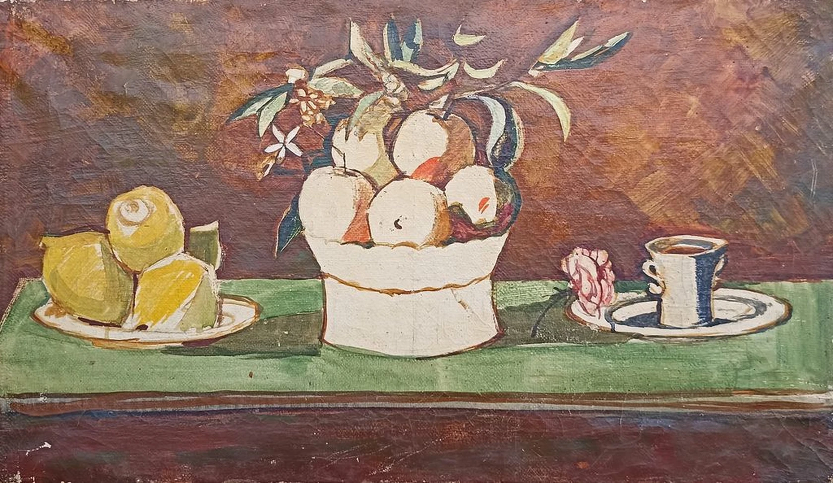 Натюрморт с лимонами, апельсинами и розой. Холст, масло, натюрморт, 42x72 см, 1930-е годы