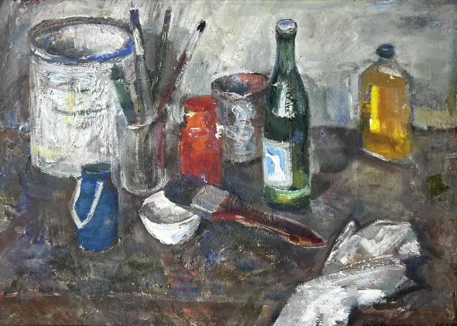«Натюрморт с банками и кистями», Шаблыкин Ю.М., художник, купить картину, купить, работы, аукцион, живопись, галерея ОПХ, Bidspirit, бидспирит, магазин