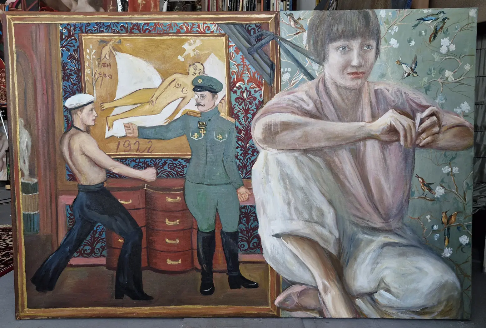 «Автопортрет с картиной «Матрос и офицер»1989 », Матвеева Белла, художник, купить картину, купить, работу, живопись, аукцион 