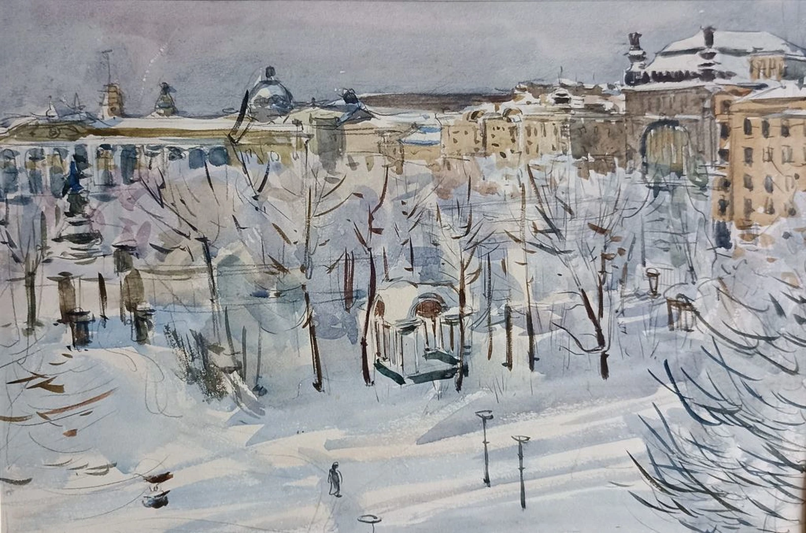Зимний Ленинград. Тамбовцев Виталий Витальевич, бумага, акварель, 28.5x40 см, рама, стекло, паспарту 58х47.5 см, 1961