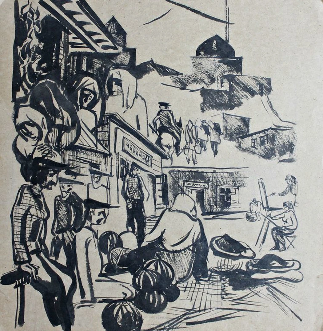 Восточный базар, Н.Х., бумага, акварель, 41.5x42 см, 1970-е