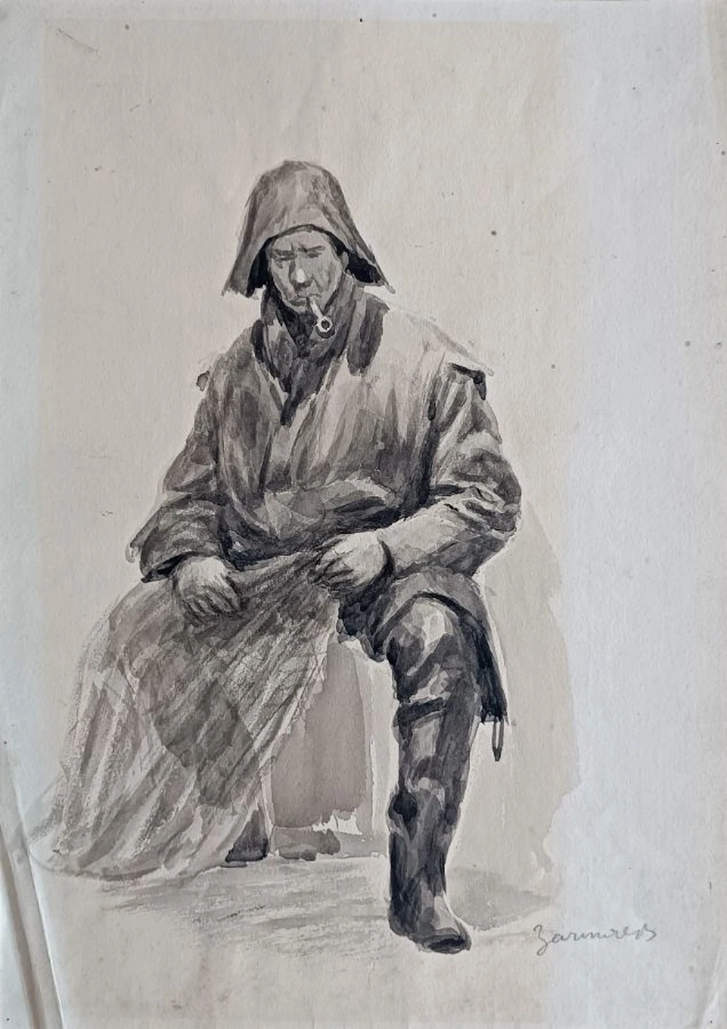 Моряк, рыбак, Зачиняев Василий Никитович, бумага, акварель, 30x42 см, 1959