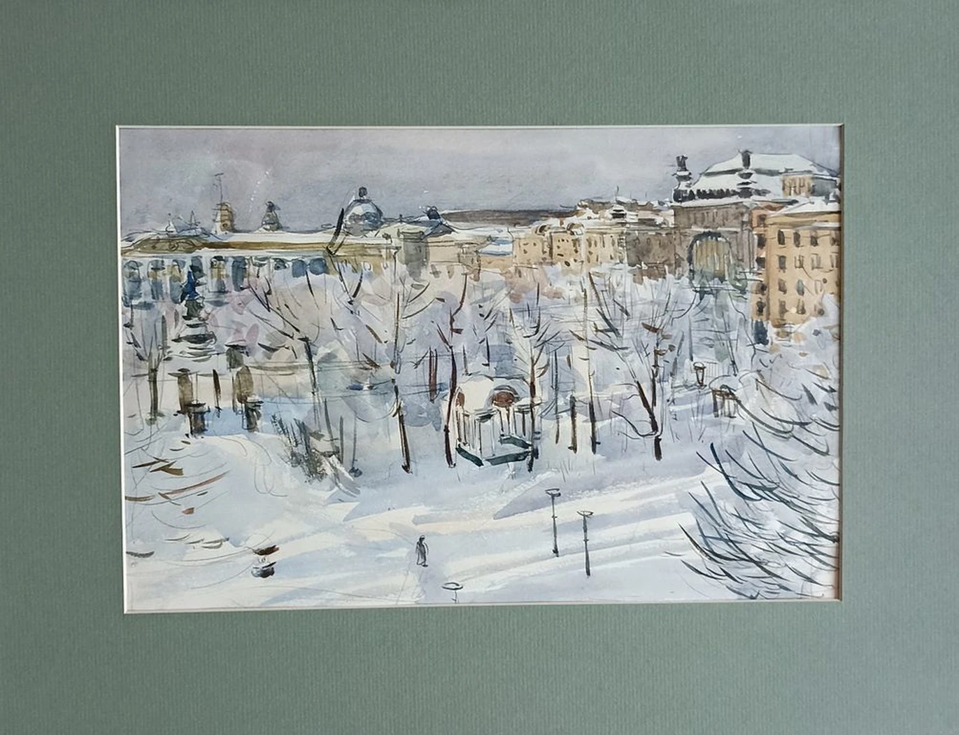 Зимний Ленинград. Тамбовцев Виталий Витальевич, бумага, акварель, 28.5x40 см, рама, стекло, паспарту 58х47.5 см, 1961