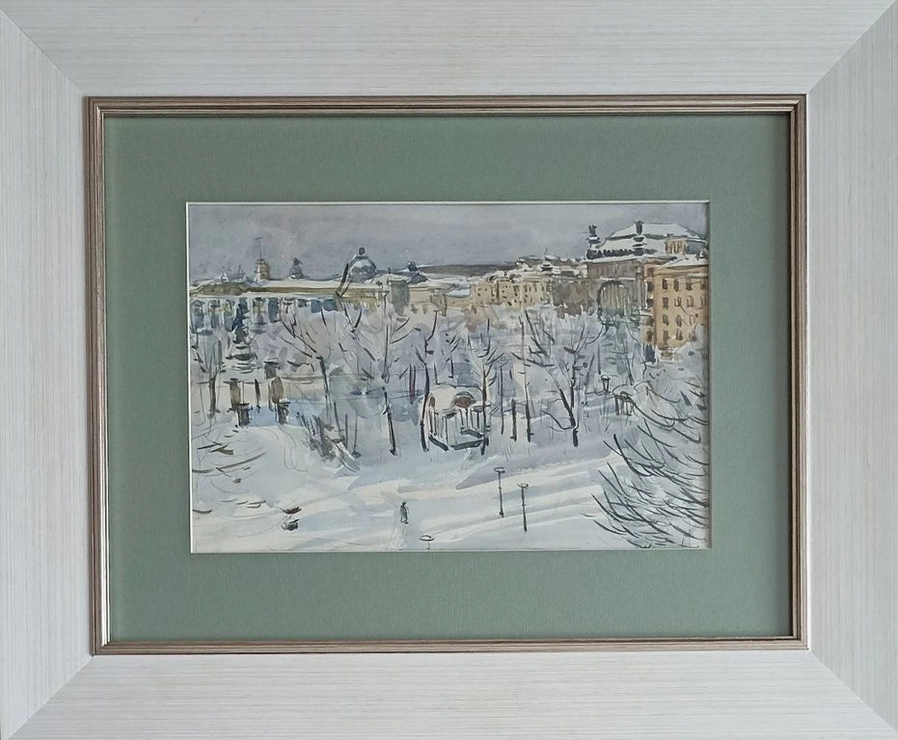 Зимний Ленинград. Тамбовцев Виталий Витальевич, бумага, акварель, 28.5x40 см, рама, стекло, паспарту 58х47.5 см, 1961