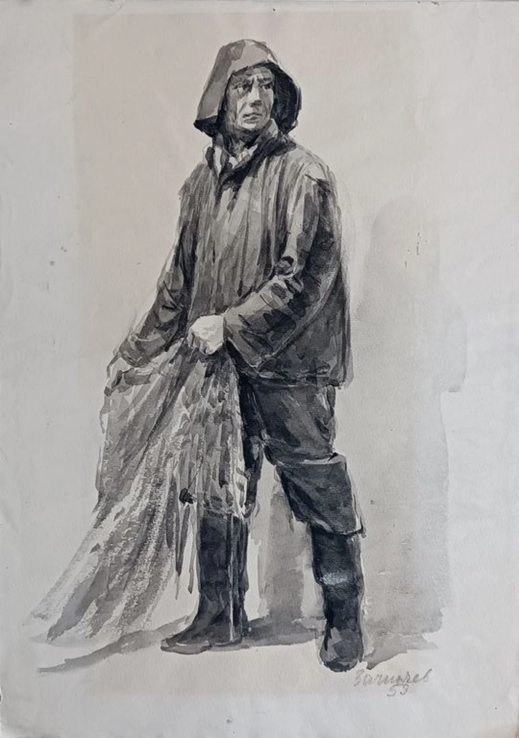 Моряк, рыбак, Зачиняев Василий Никитович, бумага, акварель, 31x44 см, лист: 54х36 см, 1959