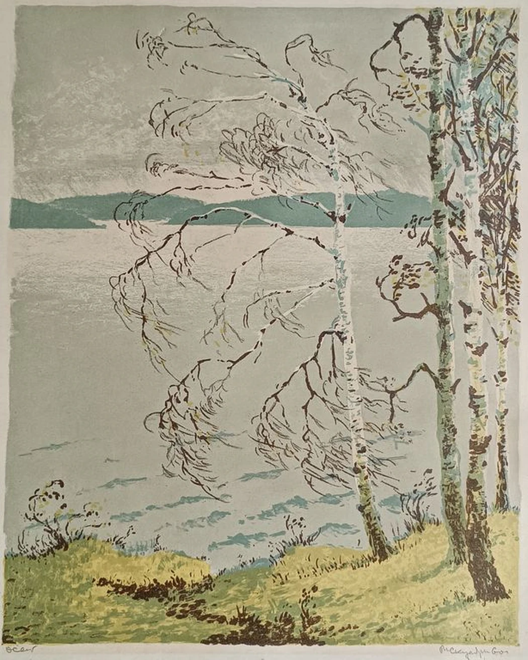 Осень, Скуляри Михаил Николаевич, бумага, литография, 35x44 см, лист: 55.5х47 см, рама, стекло, 63.5х53.5 см, 1960