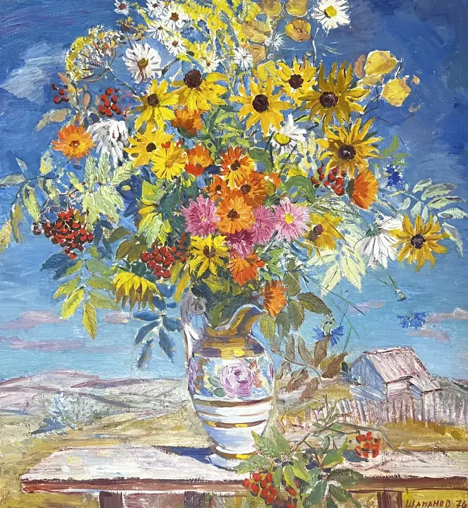 «Букет в стариной вазе», Шаманов Б.И., художник, купить картину, купить, работы, аукцион, живопись, галерея ОПХ, Bidspirit, бидспирит, магазин