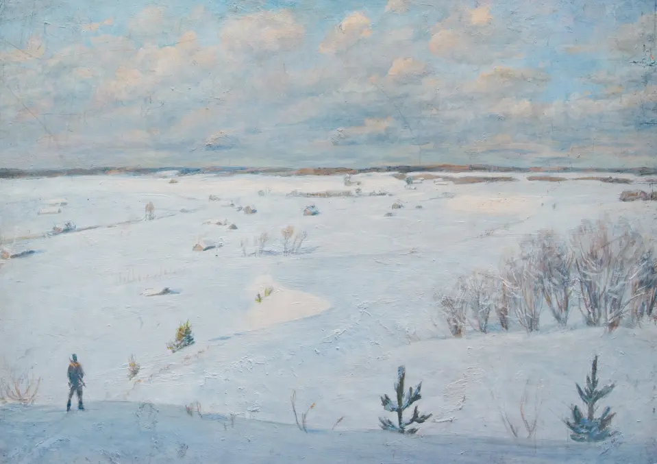 «Зима в деревне», Шаблыкин Юрий Михайлович, художник, купить картину, купить, работы, аукцион, живопись, галерея ОПХ, Bidspirit, бидспирит, магазин, выставка