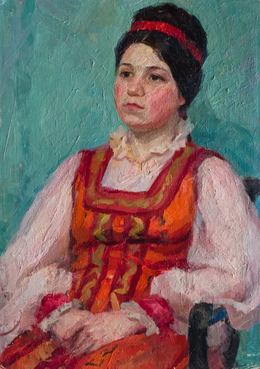 «Портрет девушки в русском костюме», Шарова Елена Алексеевна, художник, купить картину, купить, работу, живопись, аукцион, галерея ОПХ, портрет, соцреализм, бидспирит, Bidspirit
