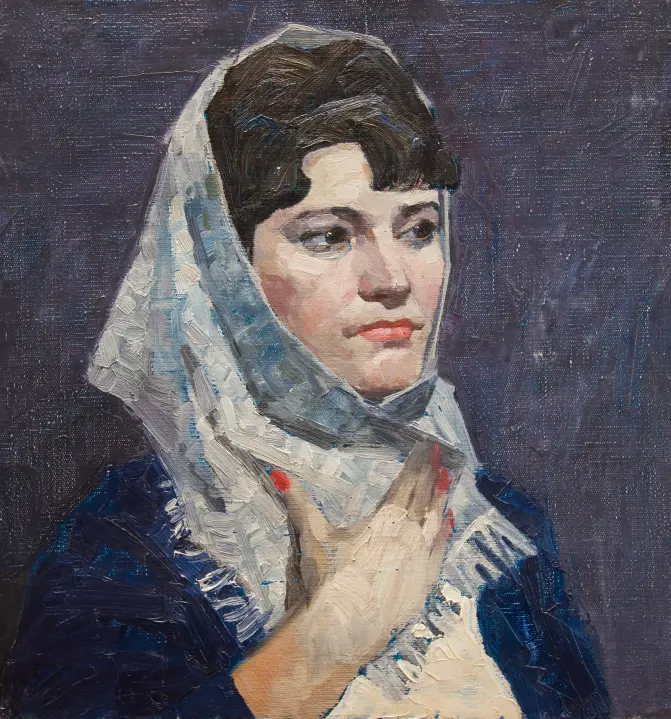 «Портрет женщины в платке», Русов Лев Александрович, художник, купить картину, купить, работу, живопись, аукцион, галерея ОПХ, портрет, соцреализм, бидспирит, Bidspirit