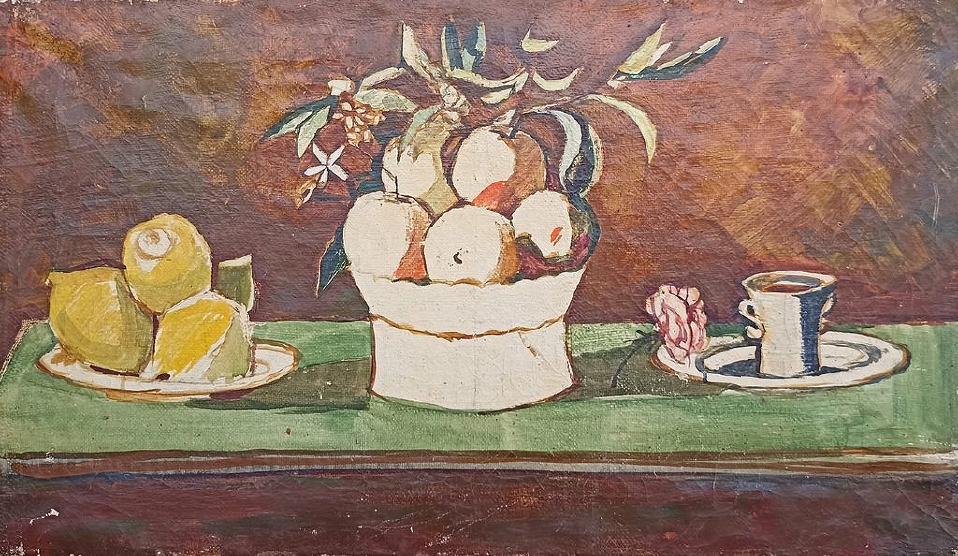 Натюрморт с лимонами, апельсинами и розой. Холст, масло, натюрморт, 42x72 см, 1930-е годы