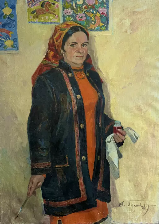 «Портрет художника народного творчества Мироновой Елизаветы Федоровны», Гуляев Александр Георгиевич, художник, купить картину, купить, работу, живопись, аукцион, галерея ОПХ, портрет, соцреализм, бидспирит, Bidspirit