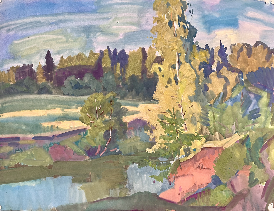 «Зеленый луг. Оредеж», Шаманов Борис Иванович, художник, купить картину, купить, работы, аукцион, графика, галерея ОПХ, Bidspirit, бидспирит, магазин