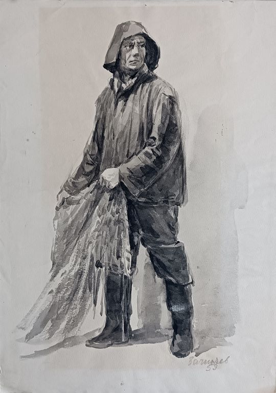 Моряк, рыбак, Зачиняев Василий Никитович, бумага, акварель, 31x44 см, лист: 54х36 см, 1959