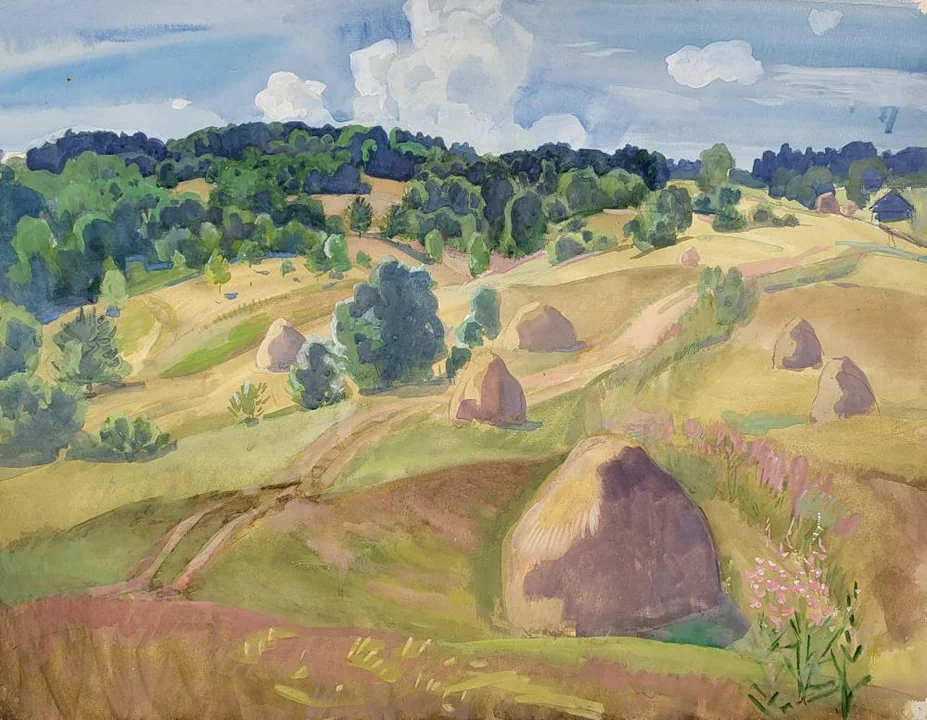 «Скошенные луга», Шаманов Б.И., художник, купить картину, купить, работы, аукцион, графика, галерея ОПХ, Bidspirit, бидспирит, магазин
