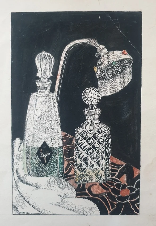 «Натюрморт с лампой и хрустальными графинами», Н.Х., художник, купить картину, купить, работы, аукцион, графика, галерея ОПХ, Bidspirit, бидспирит, магазин